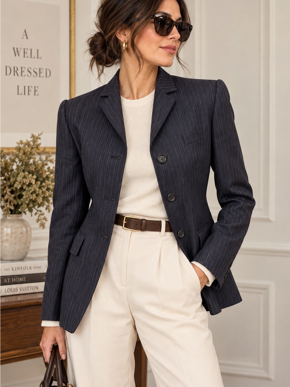 Burberry London Wool Pinstripe Blazer 38 Navy Tailored Quiet Luxury Jacket
